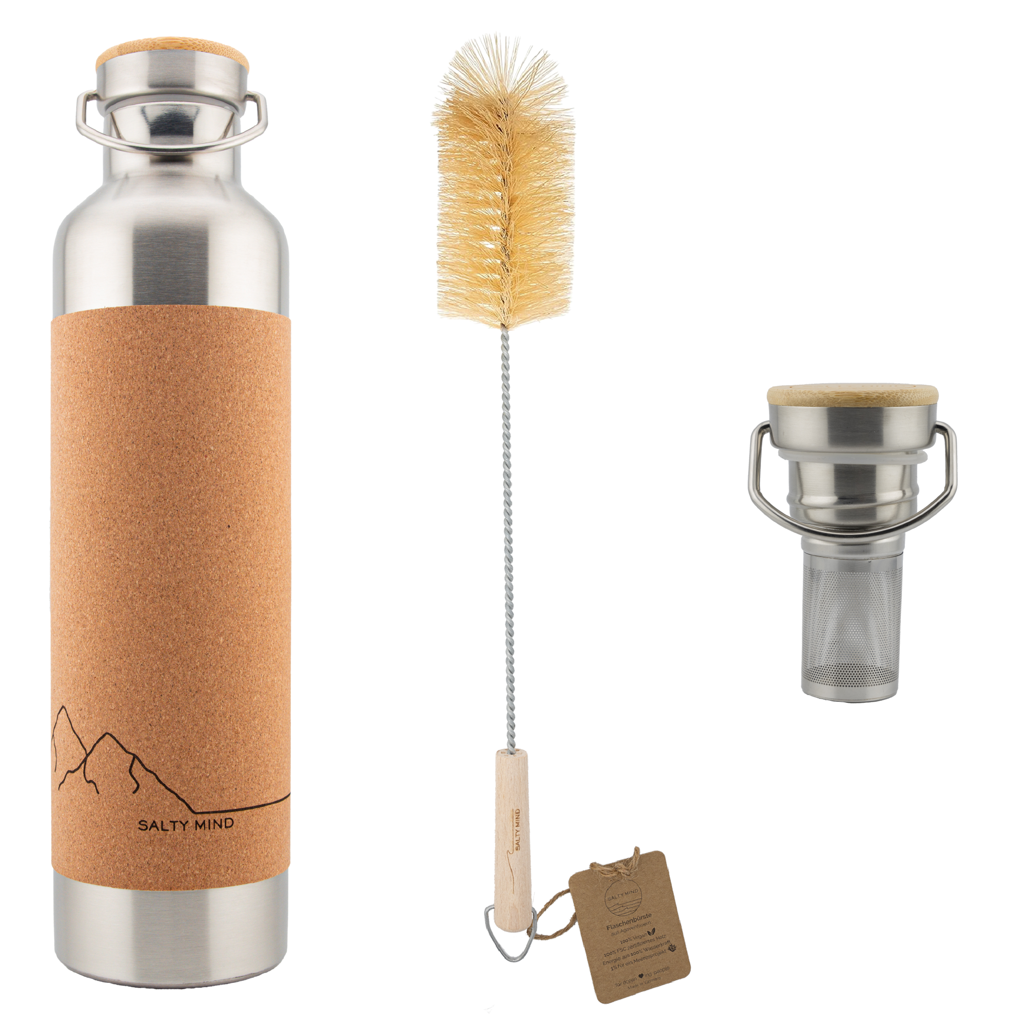 Edelstahl Trinkflasche mit Bergmotiv und Korkummantelung - 1000ml + Teesieb + Flaschenbürste