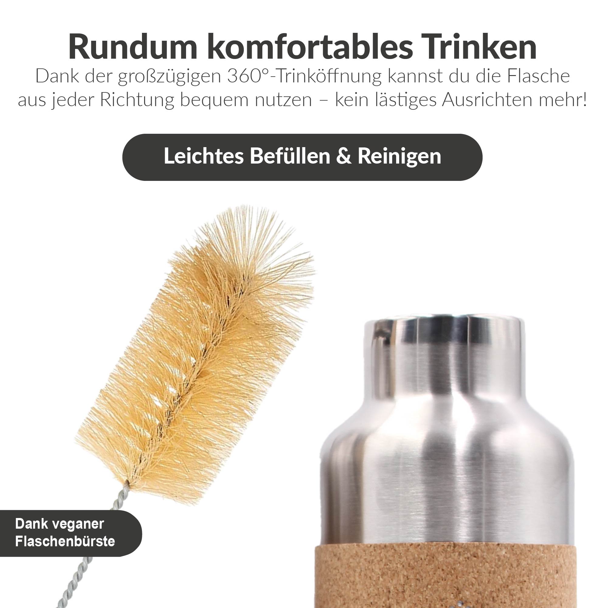 Edelstahl Trinkflasche mit Blumenmuster und Korkummantelung - 750ml + Flaschenbürste