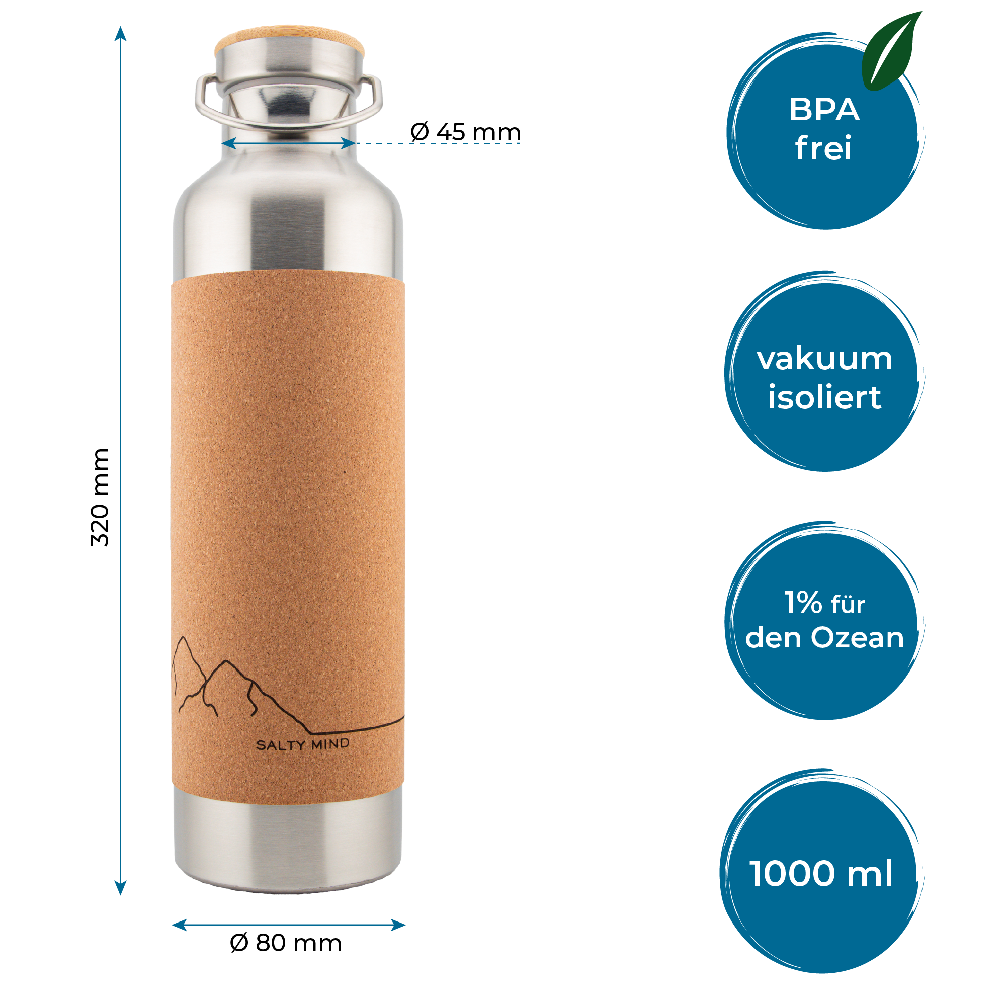 Edelstahl Trinkflasche mit Bergmotiv und Korkummantelung - 1000ml + Teesieb + Flaschenbürste