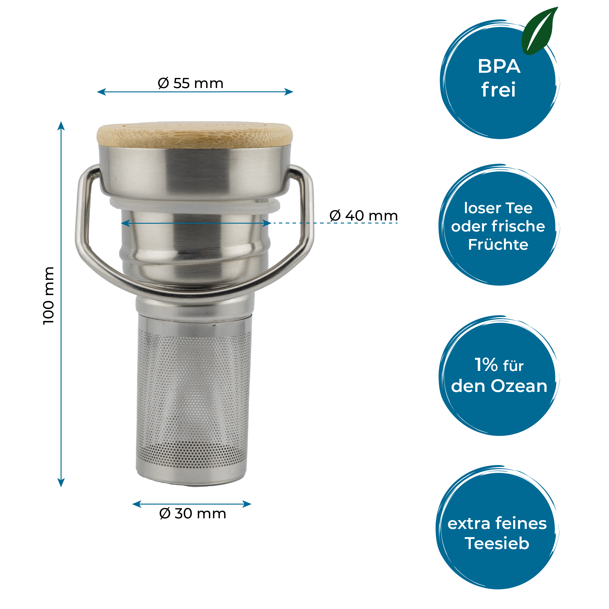 Edelstahl Trinkflasche mit Bergmotiv und Korkummantelung - 1000ml + Teesieb + Flaschenbürste