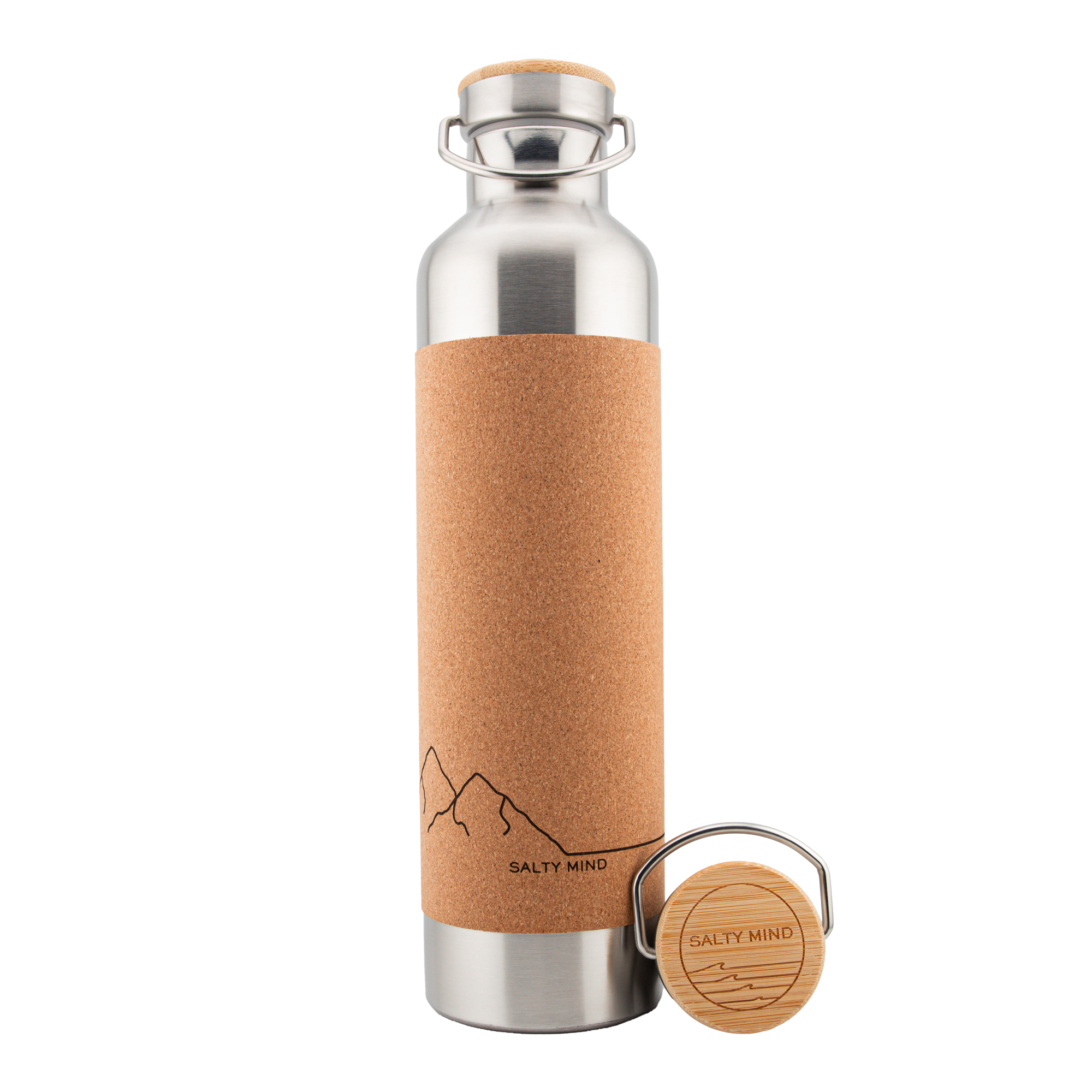Edelstahl Trinkflasche mit Bergmotiv und Korkummantelung - 1000ml + Teesieb + Flaschenbürste