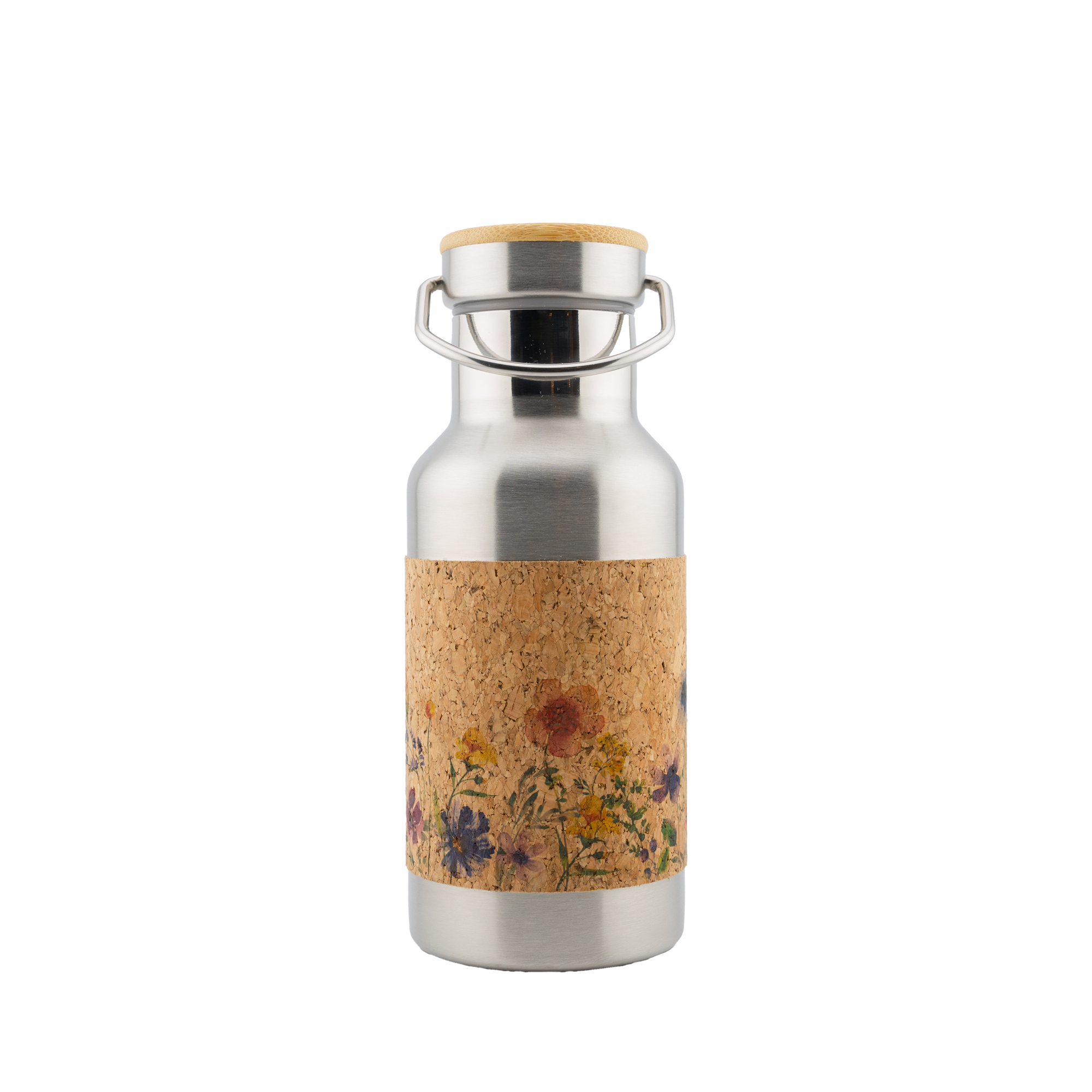Edelstahl Kinderflasche mit Blumenmotiv und Korkummantelung - 350ml