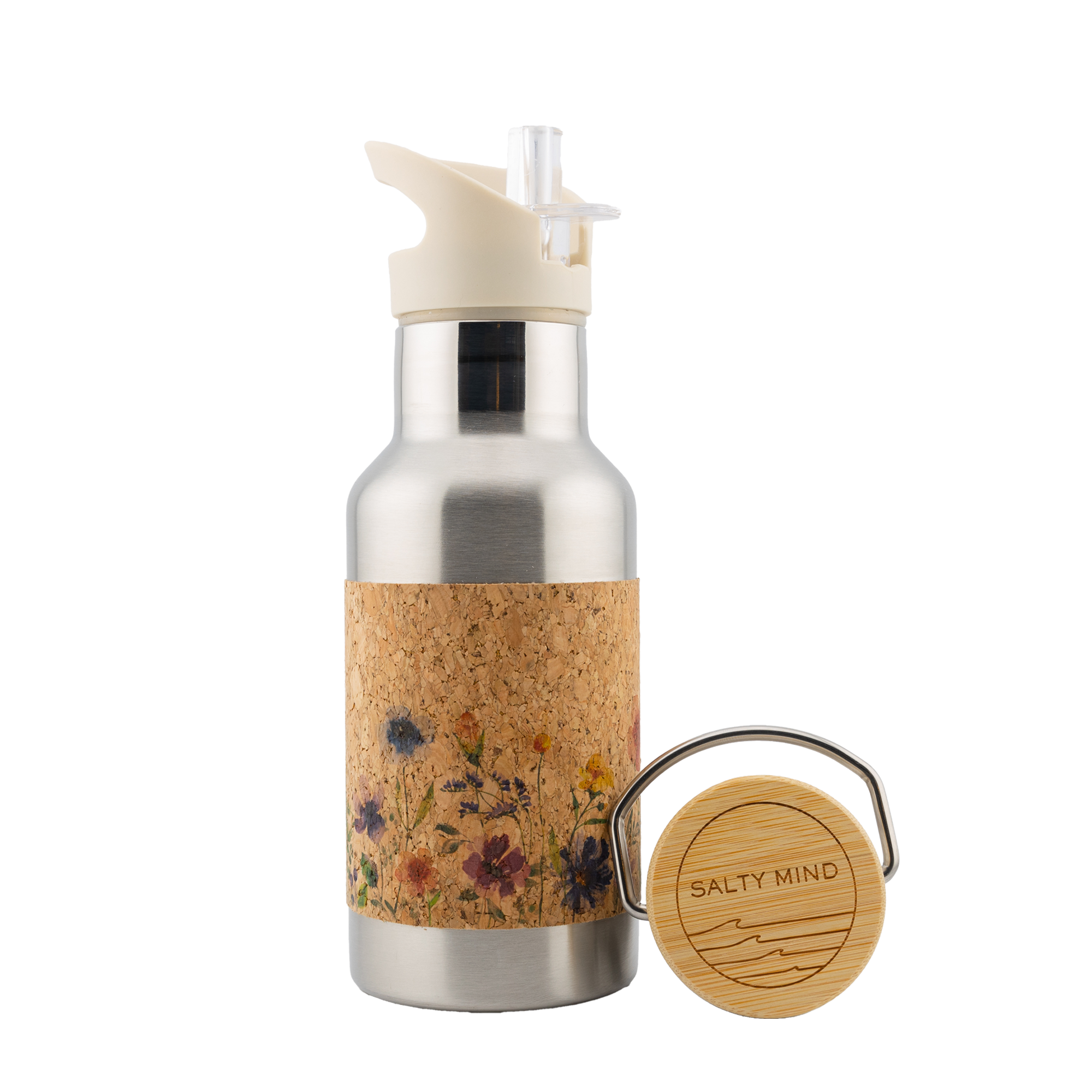 Edelstahl Kinderflasche mit Blumenmotiv und Korkummantelung - 350ml