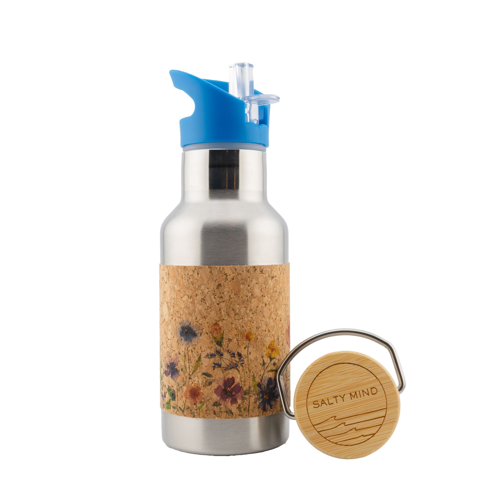 Edelstahl Kinderflasche mit Blumenmotiv und Korkummantelung - 350ml