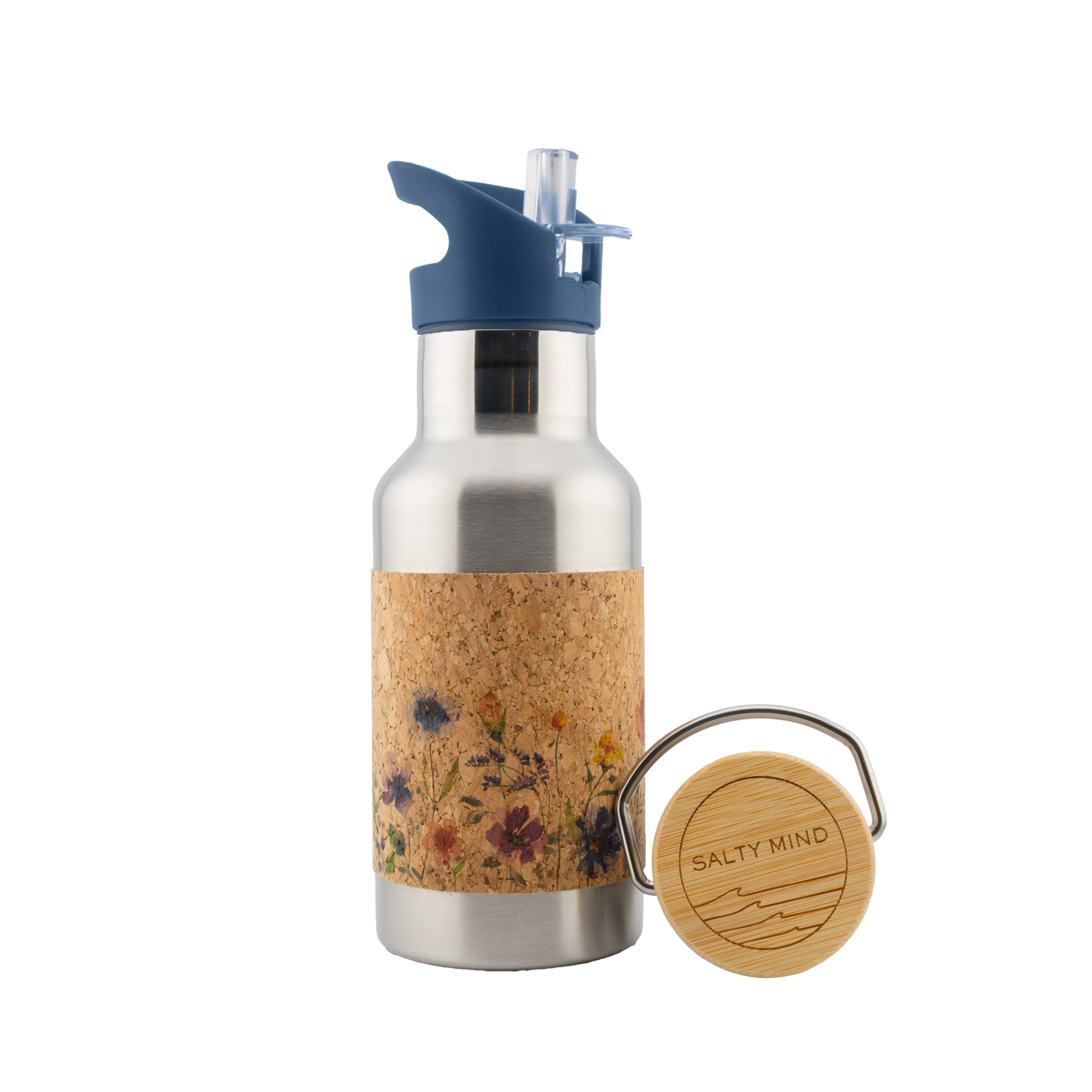 Edelstahl Kinderflasche mit Blumenmotiv und Korkummantelung - 350ml