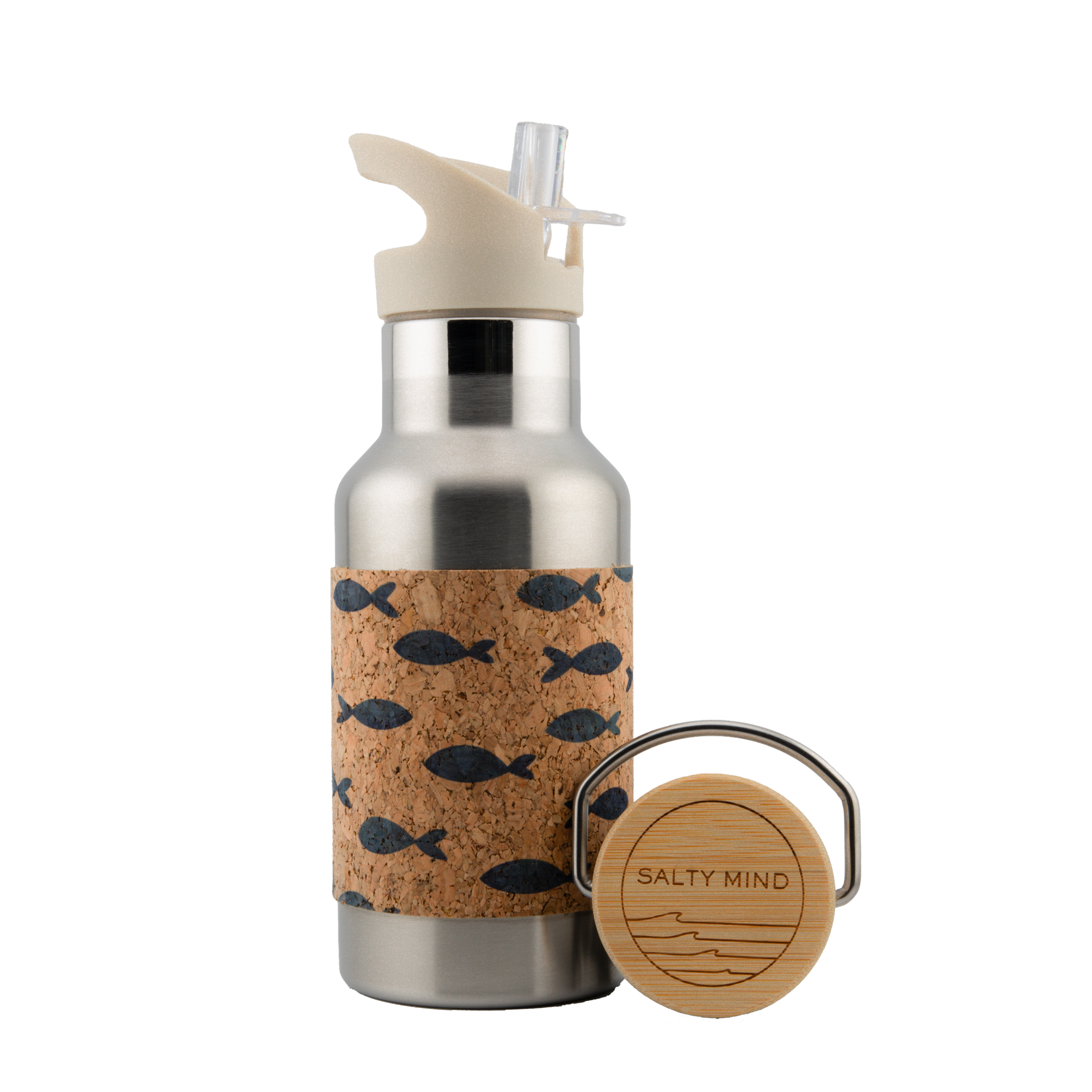 Edelstahl Kinderflasche mit Fischmotiv und Korkummantelung - 350ml