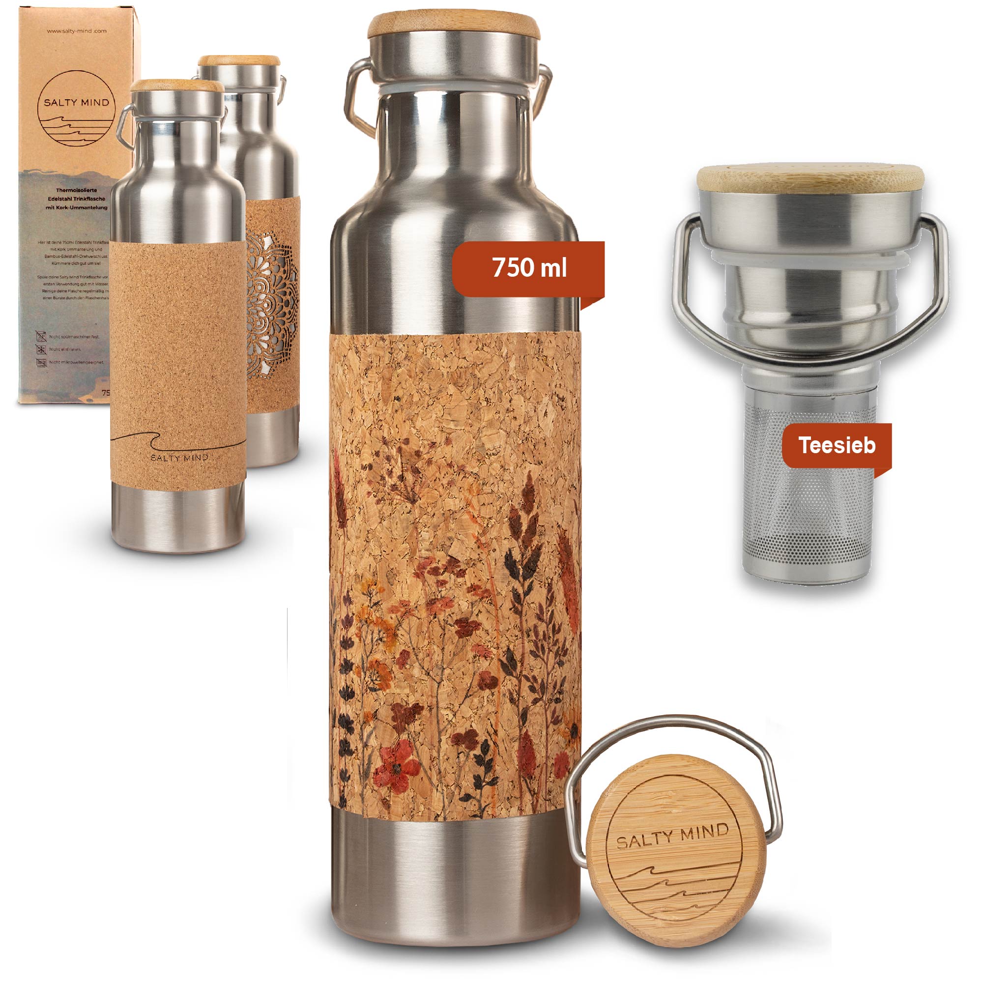 Edelstahl Trinkflasche mit Blumenmuster und Korkummantelung - 750ml + Teesieb