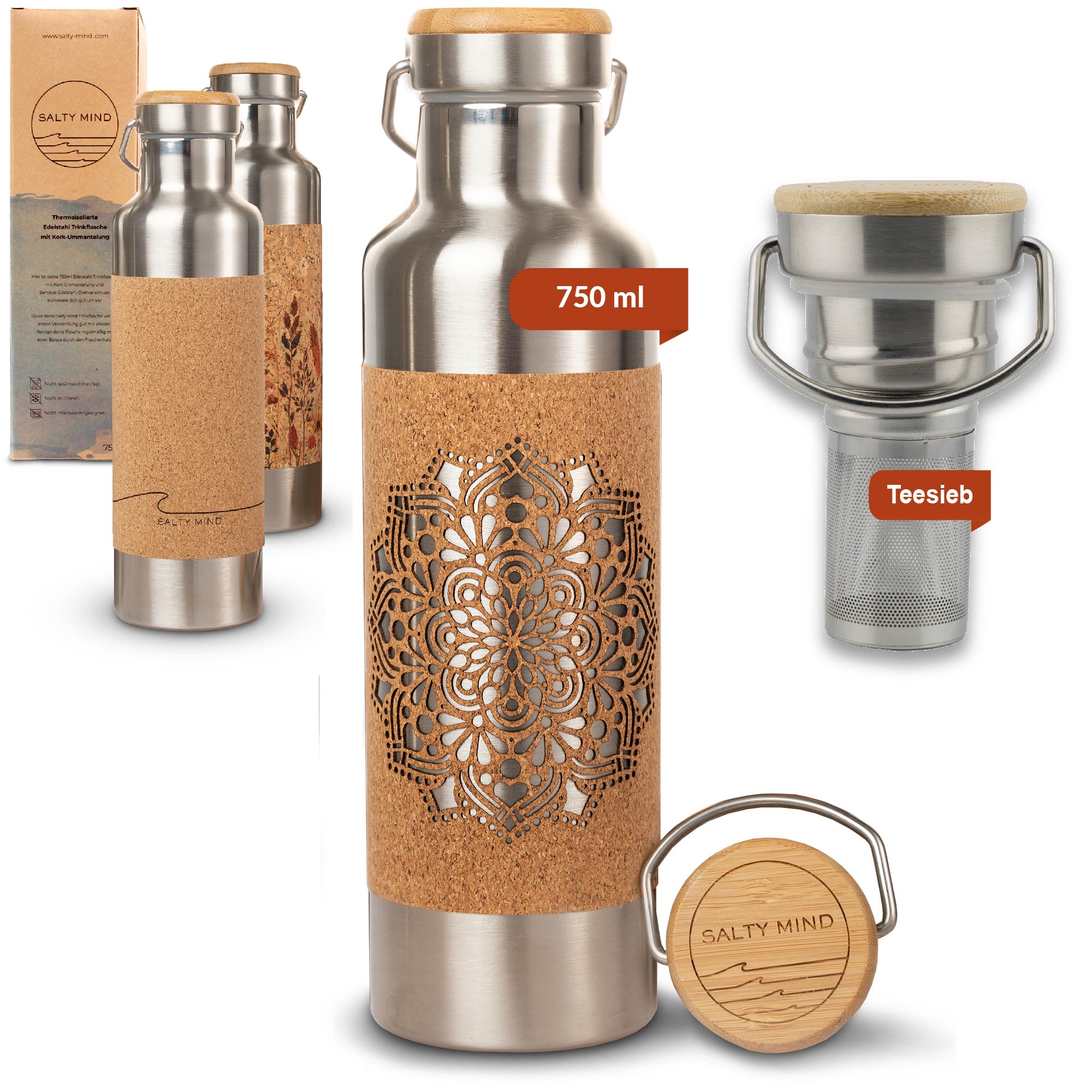 Edelstahl Trinkflasche mit Mandala Cut und Korkummantelung - 750ml + Teesieb