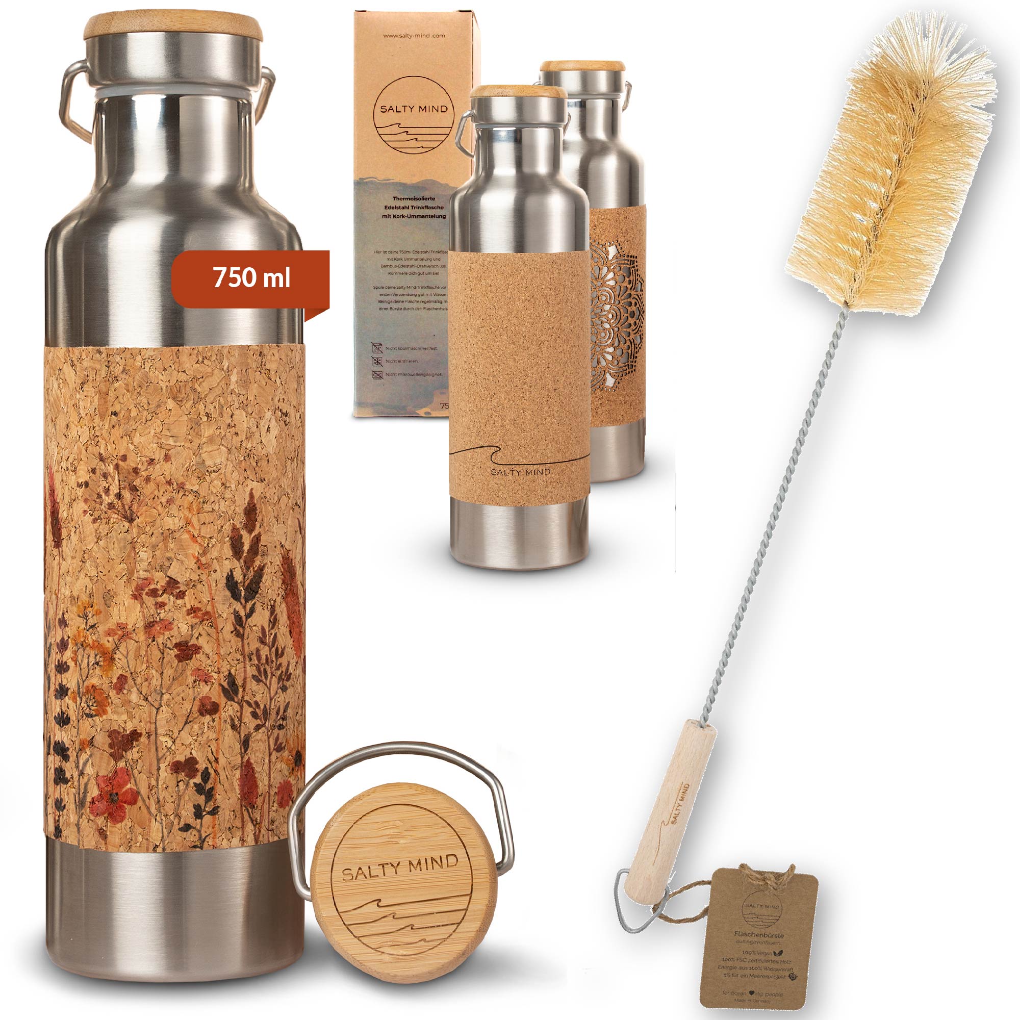 Edelstahl Trinkflasche mit Blumenmuster und Korkummantelung - 750ml + Flaschenbürste