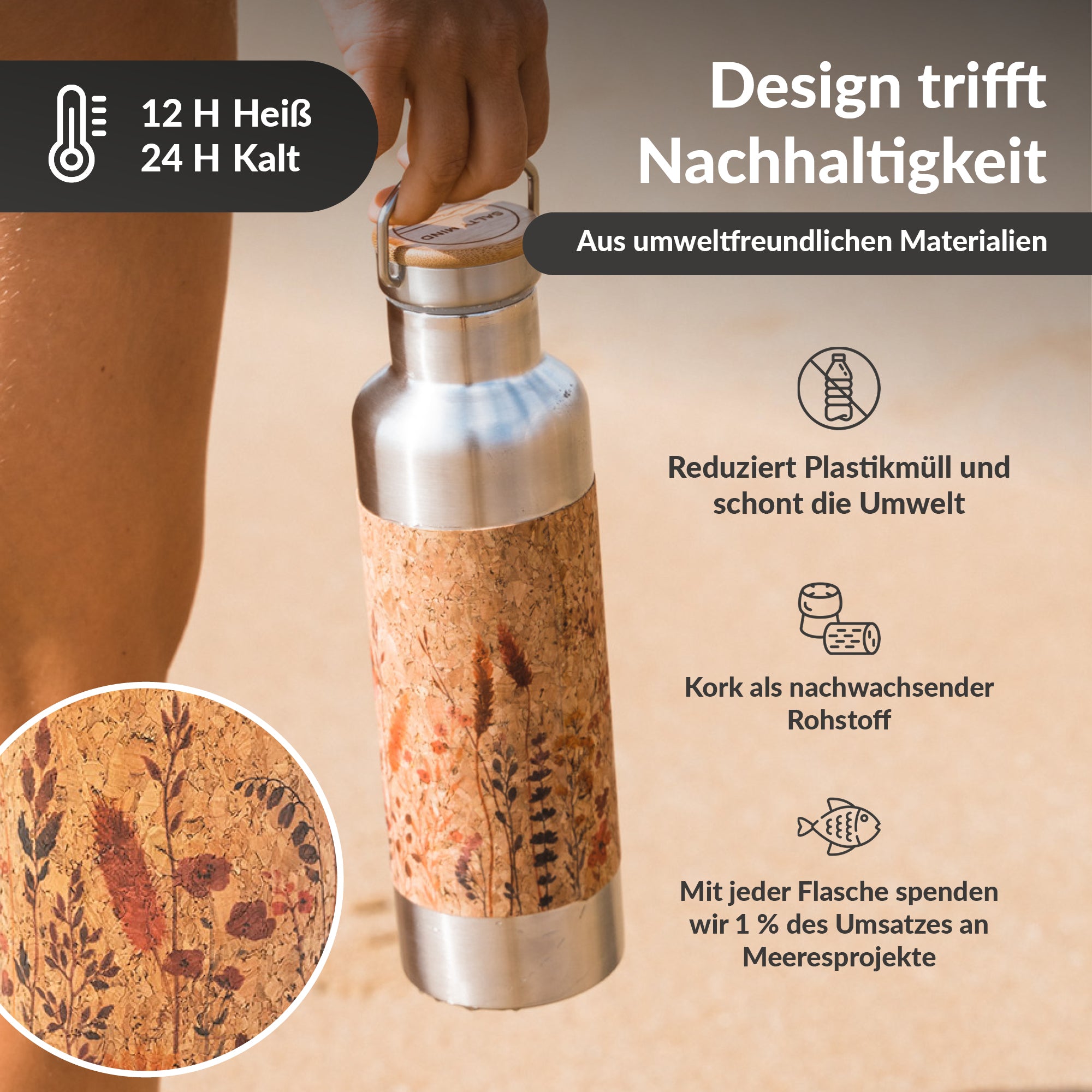 Edelstahl Trinkflasche mit Blumenmuster und Korkummantelung - 750ml