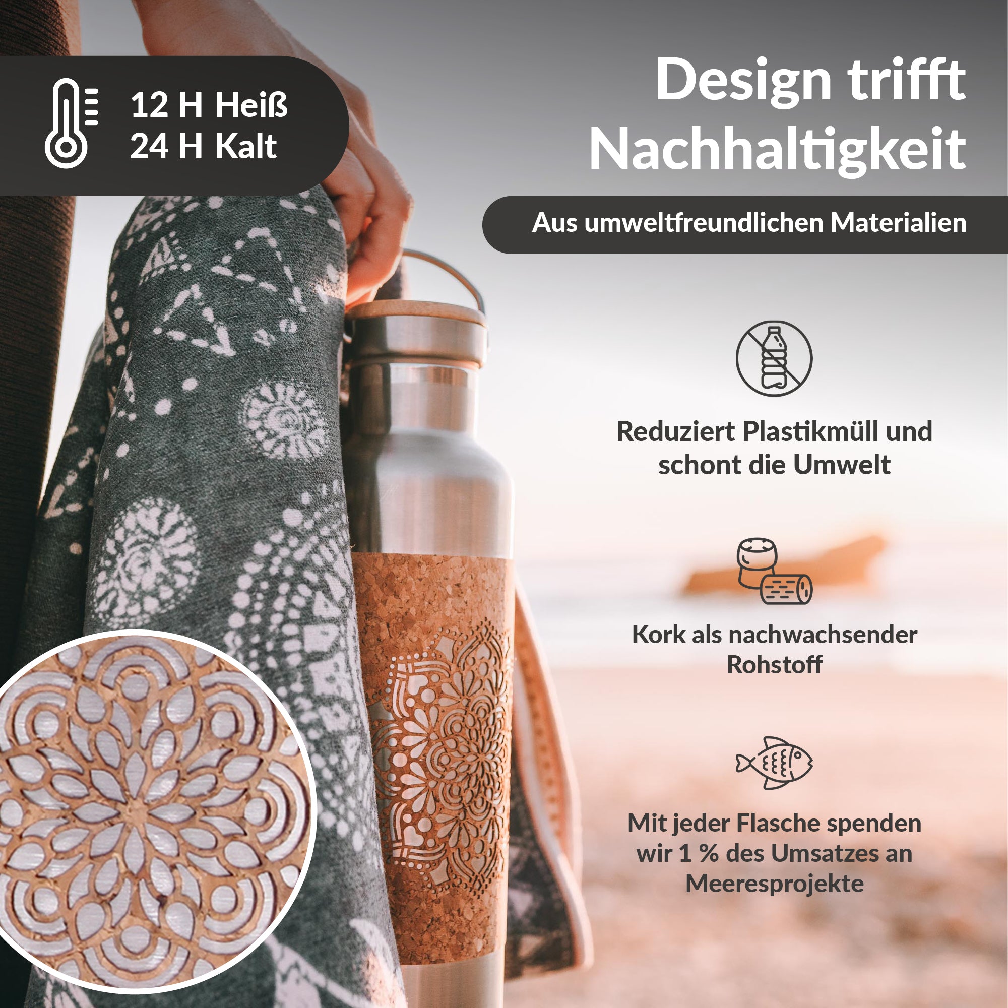 Edelstahl Trinkflasche mit Mandala Cut und Korkummantelung - 750ml