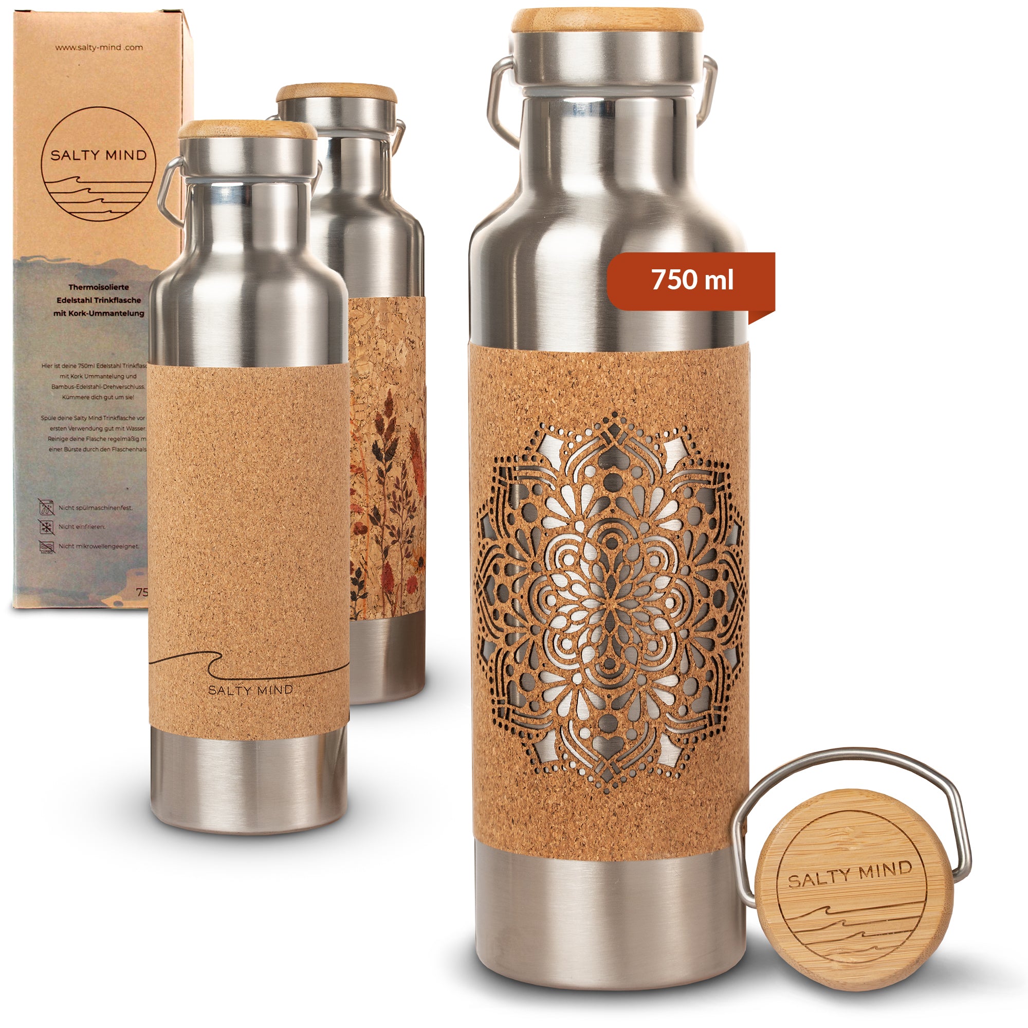 Edelstahl Trinkflasche mit Mandala Cut und Korkummantelung - 750ml