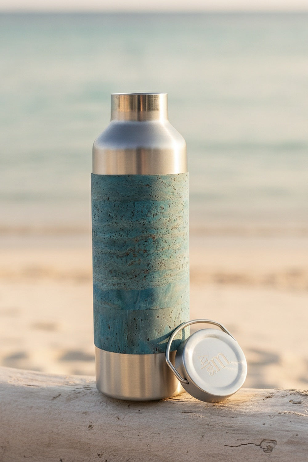 Edelstahl-Trinkflasche mit türkisem Korksleeve am Strand, Deckel daneben