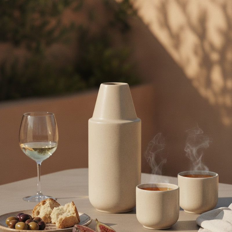 Handgegossene Keramik-Karaffe mit zwei Bechern auf einem mediterranen Tisch mit Weißwein, Brot und Oliven