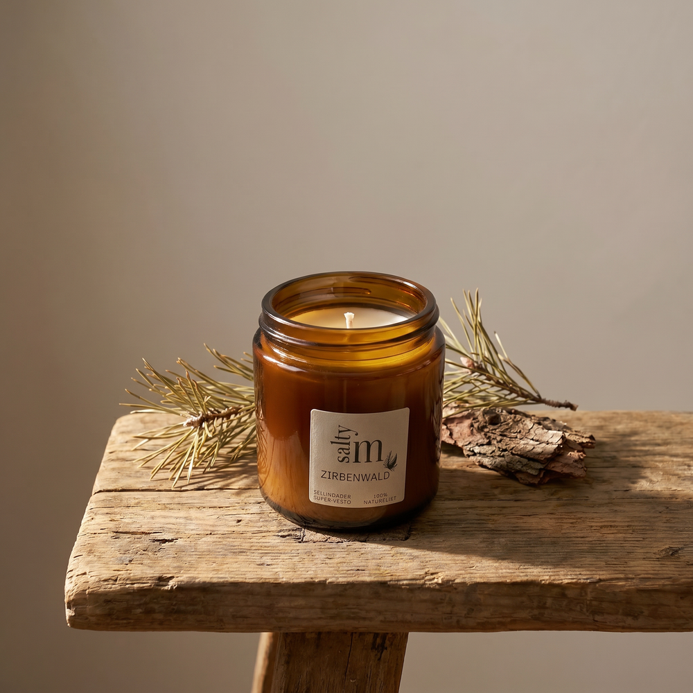 Braune Glaskerze "Zirbenwald" auf Holzblock mit Trockenblumen. — Salty Mind