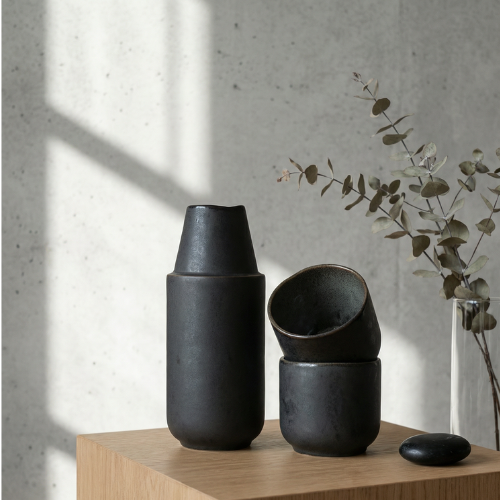 Nachhaltige handgemachte Keramik Karaffe und Becher auf Holztisch