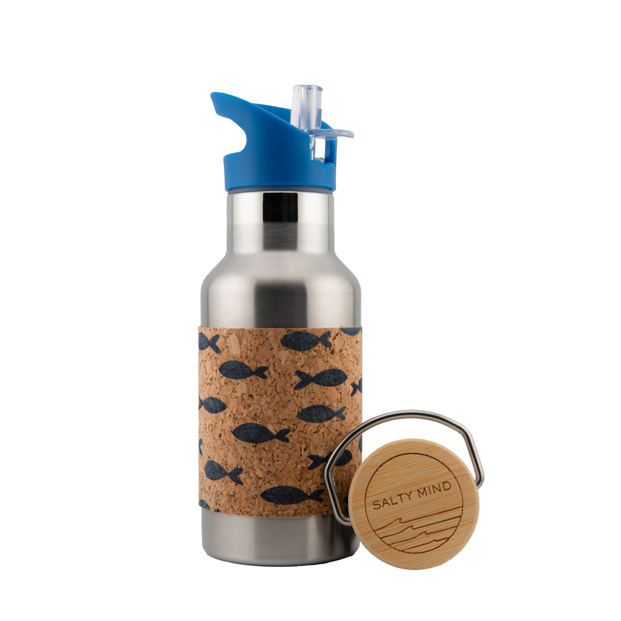 Edelstahl Kinderflasche mit Fischmotiv und Korkummantelung - 350ml