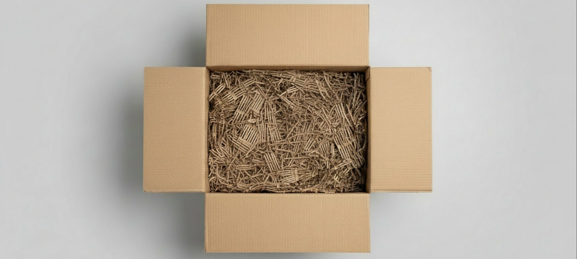Offene Kartonbox mit beigem Füllmaterial für Versand — Salty Mind