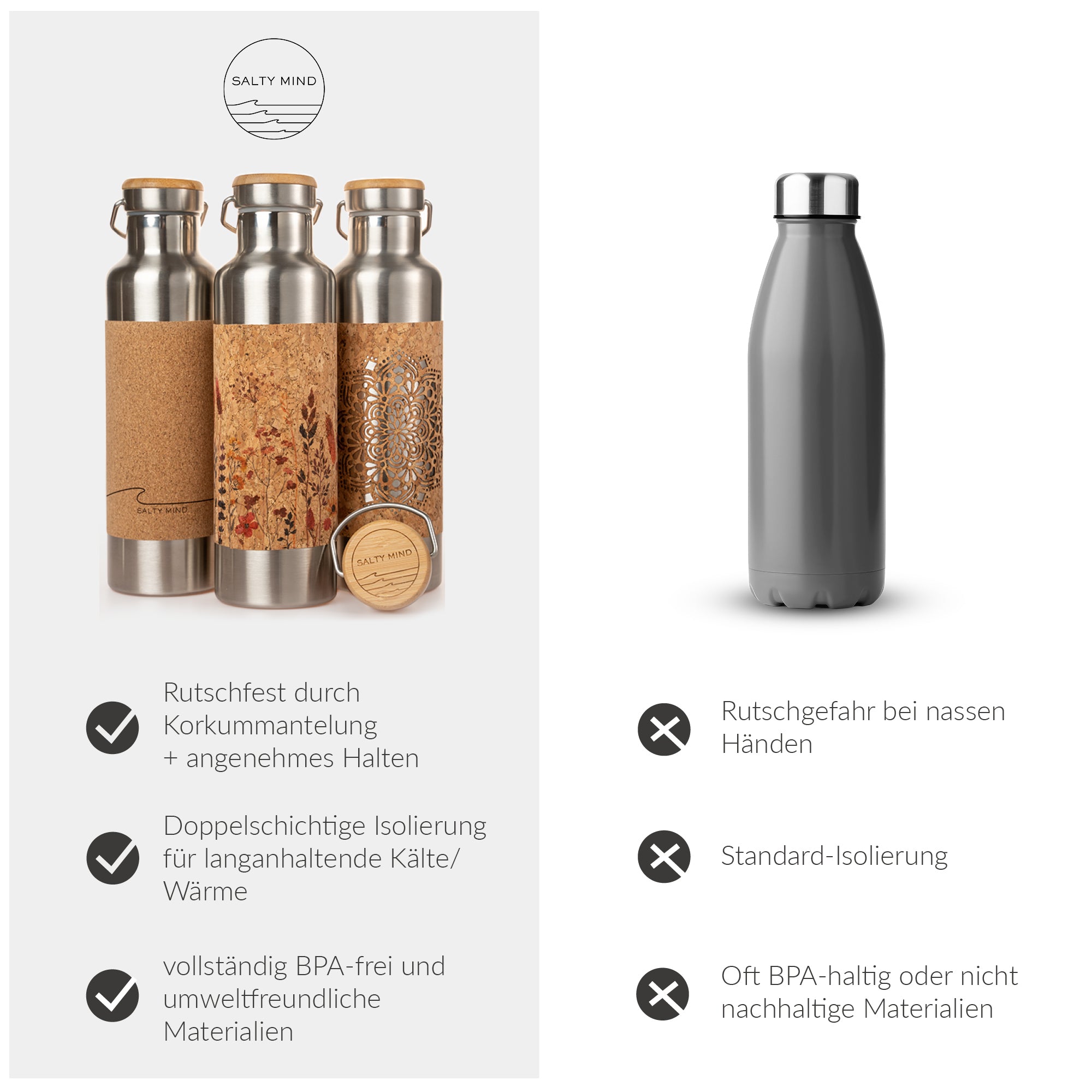 Edelstahl Trinkflasche mit Wave Gravur und Korkummantelung - 750ml