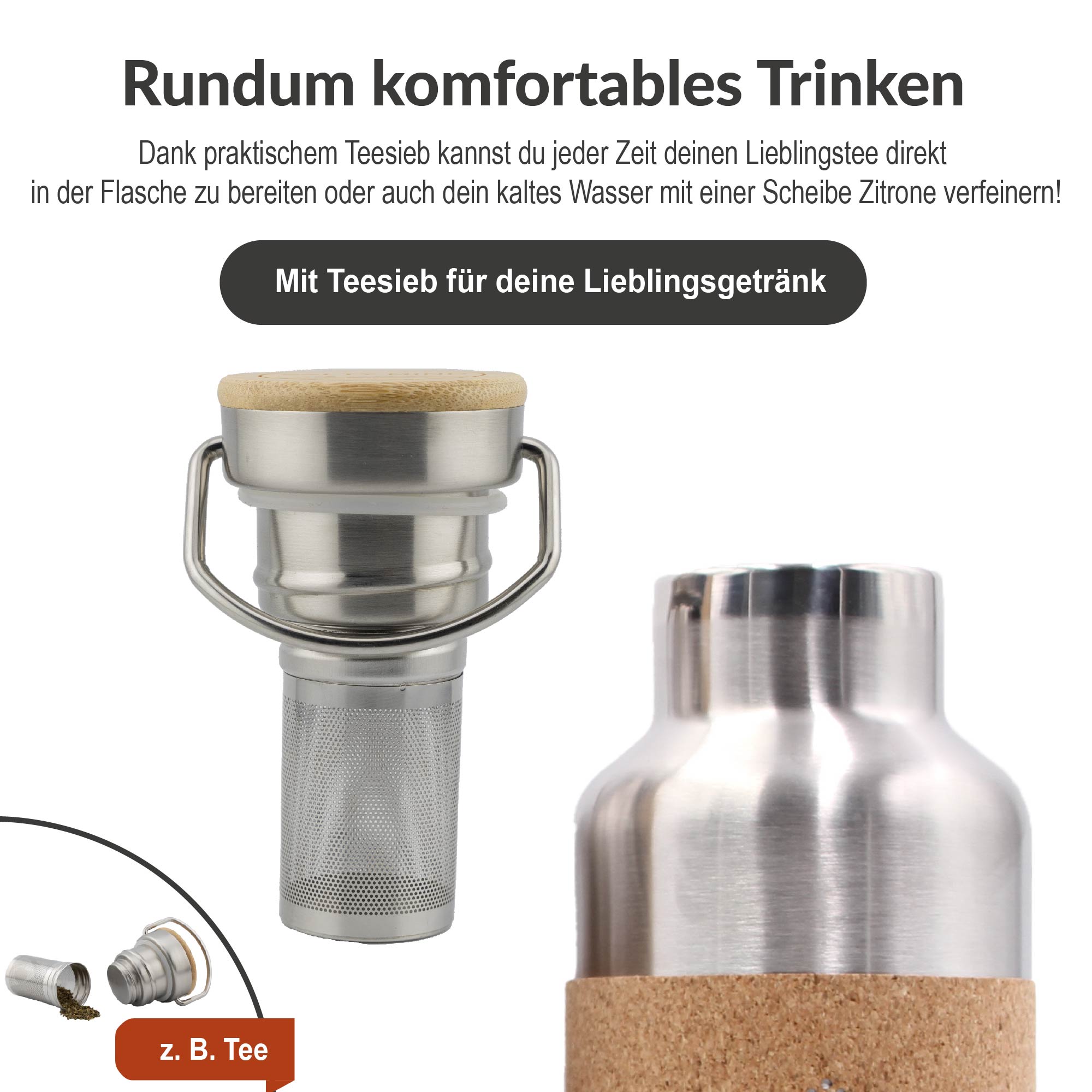 Edelstahl Trinkflasche mit Mandala Cut und Korkummantelung - 750ml + Teesieb